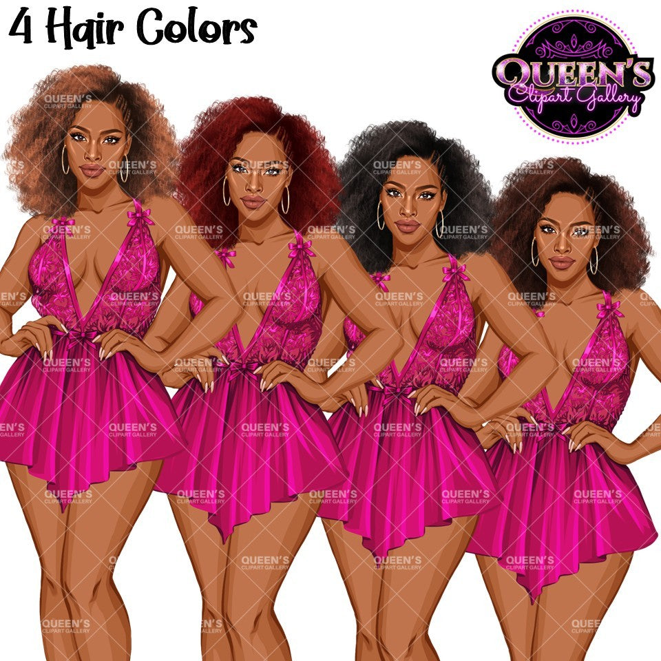 Lingerie clipart featuring an African American woman with 4 hair color variations with lace lingerie and transparent PNG backgrounds.