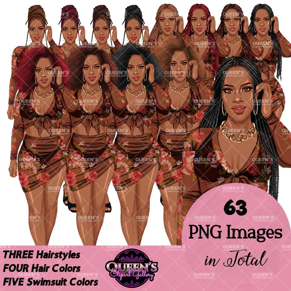 Floral swimsuit clipart PNG featuring a stylish African American woman in a floral bathing suit with sheer cover-up, multiple hairstyles, hair colors, outfit color variations, and transparent background. Fashion African American woman clipart PNG, stylish female illustration for planners, websites, branding, and commercial use.