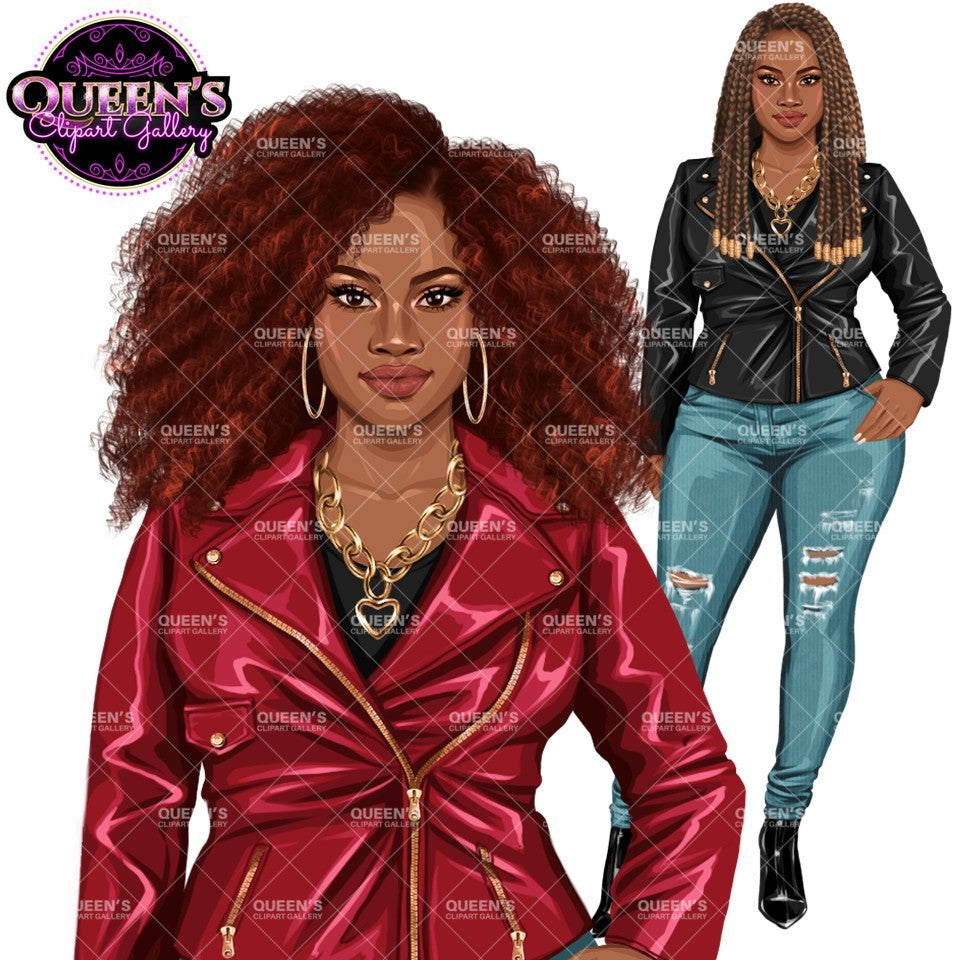 Black woman fashion clipart featuring curly Afro hair, red leather jacket, ripped jeans and braided hairstyle PNG with transparent background.
