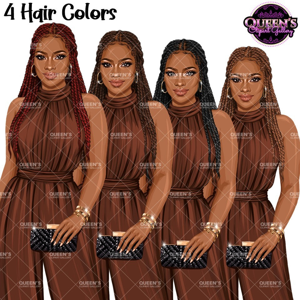 Black woman braids clipart featuring fashionable African American women with long braided hairstyles in multiple hair colors, elegant brown high-neck jumpsuits, and transparent backgrounds.