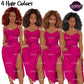 Black woman clipart with voluminous afro hairstyles in red, brunette, auburn and black hair colors wearing pink midi dresses, PNG images with transparent backgrounds
