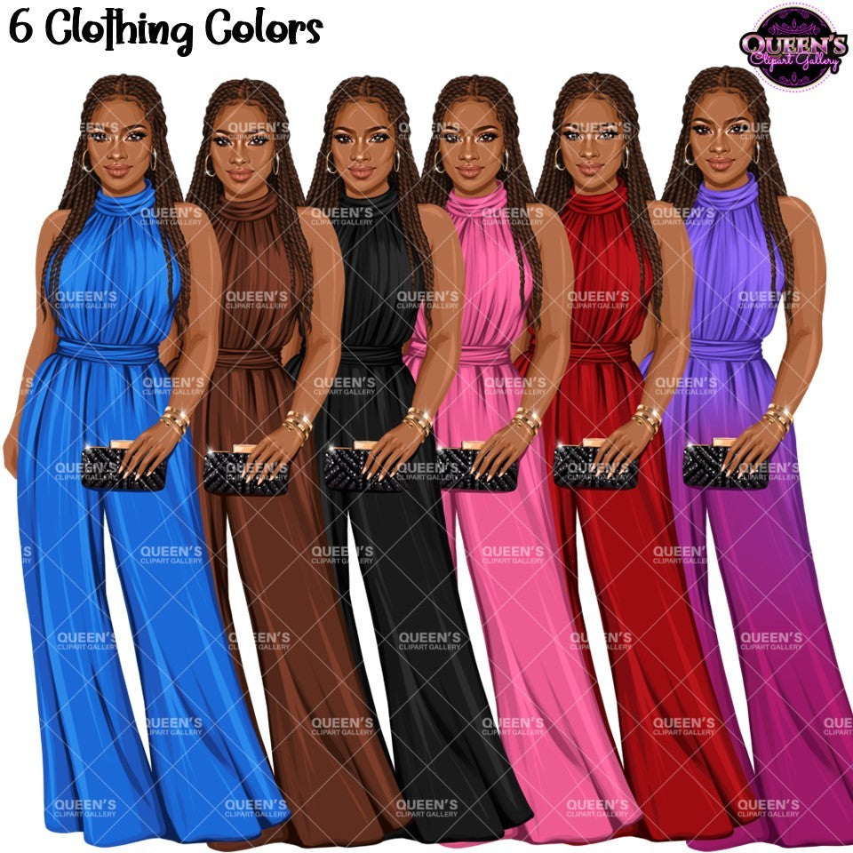 Black woman fashion clipart PNG featuring an elegant African American woman in colorful formal high-neck jumpsuits with long braids, clutch purse, and transparent backgrounds.