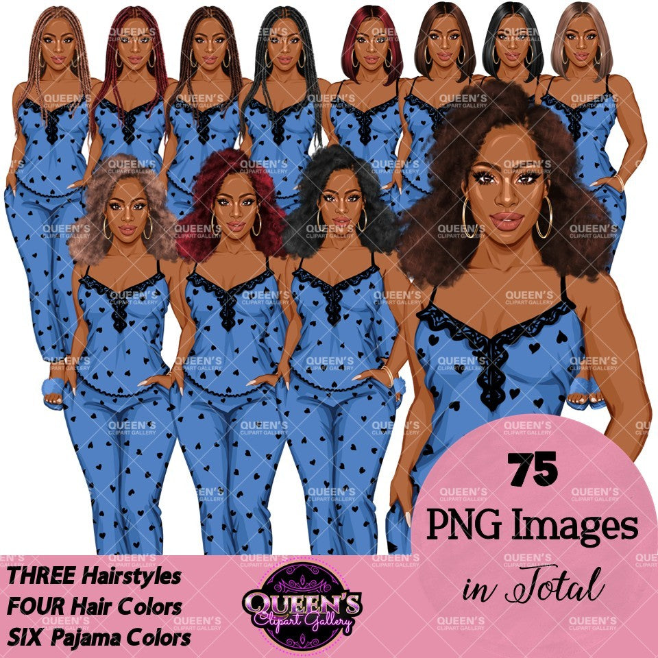African American pajama girl clipart PNG featuring a stylish black woman in heart print blue sleepwear with multiple hairstyles, hair colors, pajama color variations, and transparent background. Black Woman clipart PNG, modern female illustration for planners, websites, educational resources, and commercial use.
