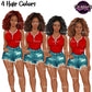 Black woman clipart with natural curly afro hairstyles in red, brown, black and auburn hair colors, casual denim shorts outfit PNG with transparent backgrounds