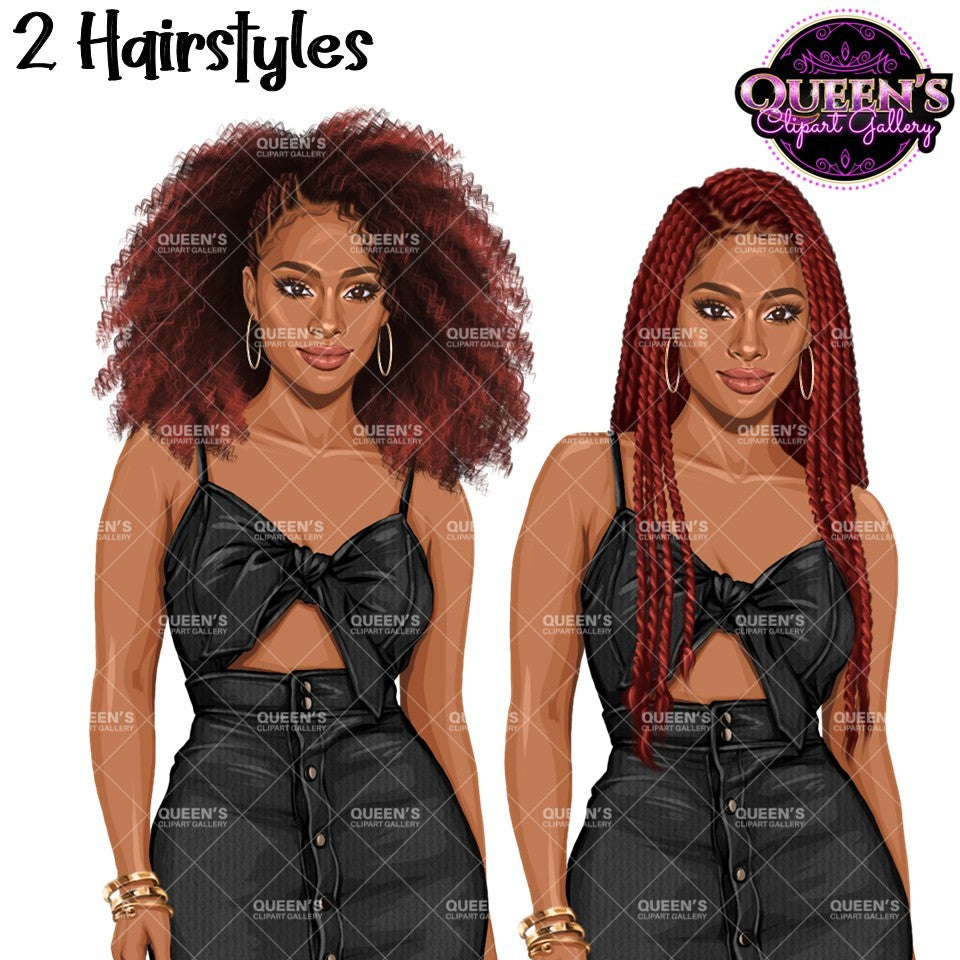 Black woman summer fashion clipart featuring two hairstyles, natural Afro hair and long braids, with black crop top and matching mini skirt.