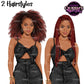 Black woman summer fashion clipart featuring two hairstyles, natural Afro hair and long braids, with black crop top and matching mini skirt.