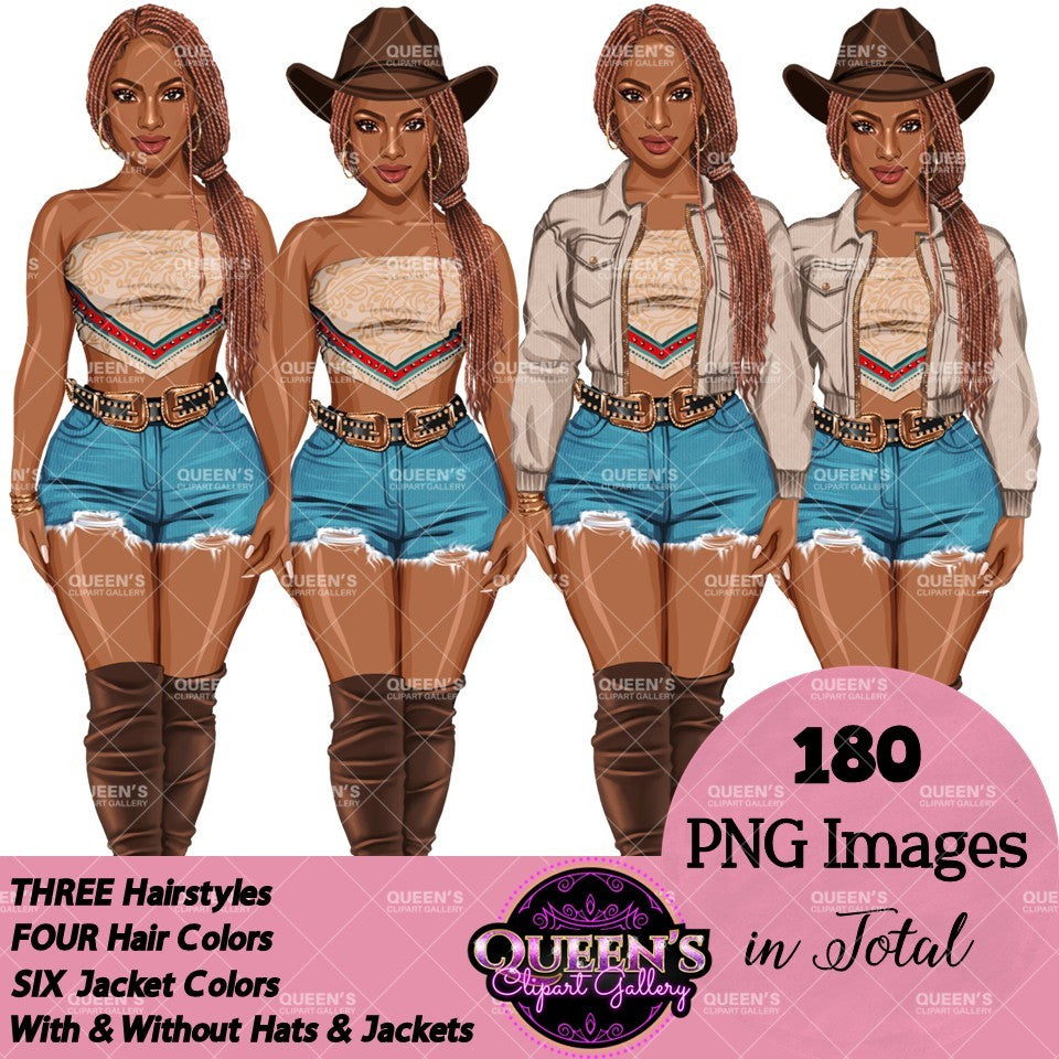 Country Girl Clipart Bundle PNG | Cowgirl Woman Clipart Bundle | Western Fashion Women PNG | Afro and White Cowgirl Clipart