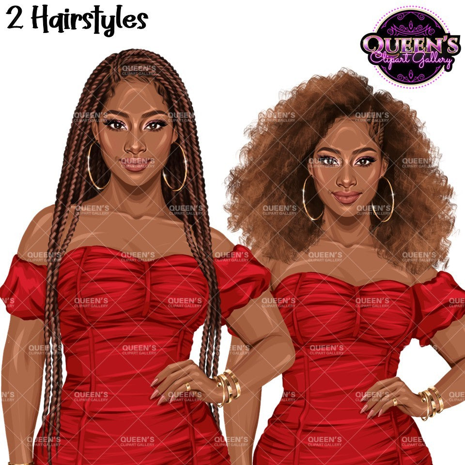 Black woman clipart featuring long box braids and natural curly afro hairstyles with fashionable mini dresses and transparent backgrounds