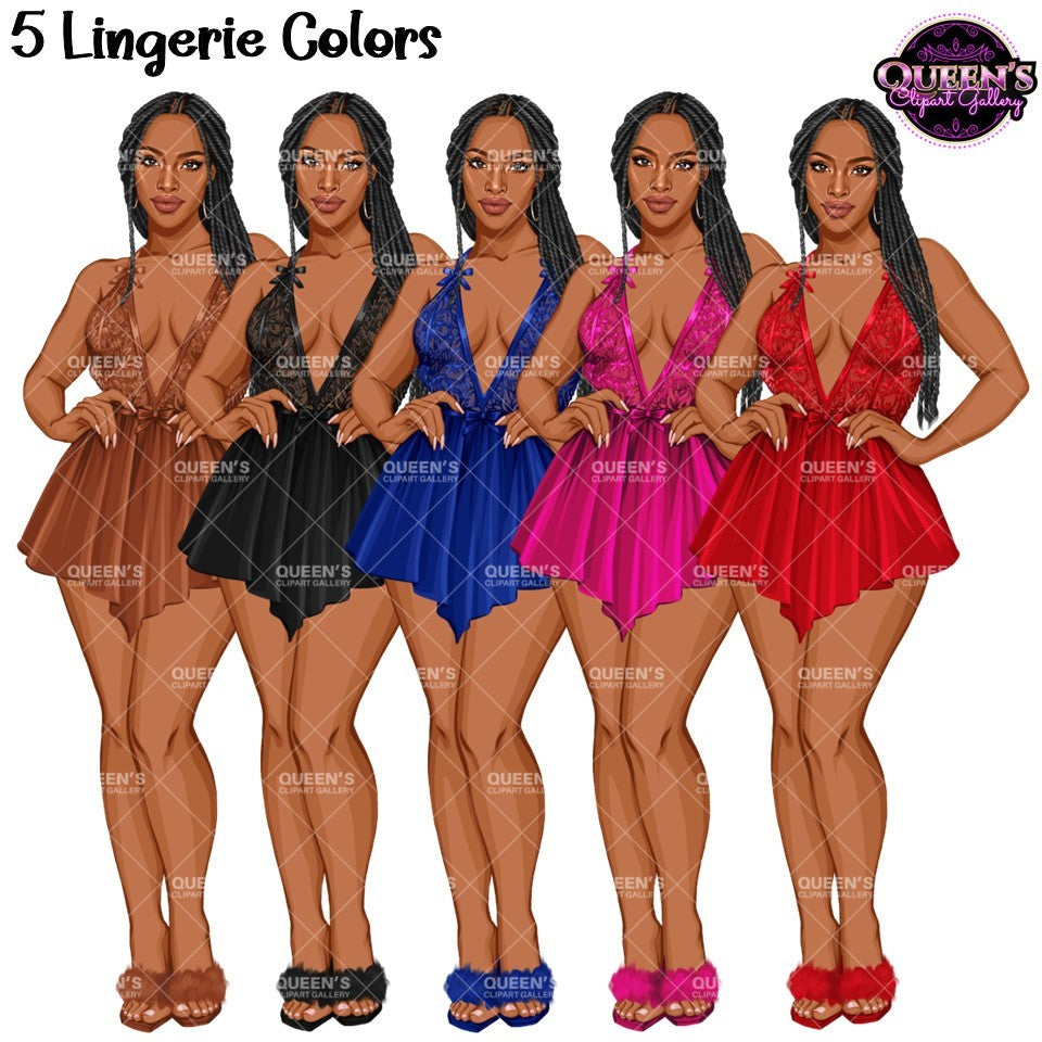 Lingerie African American woman clipart featuring 5 lingerie color variations with transparent PNG backgrounds.