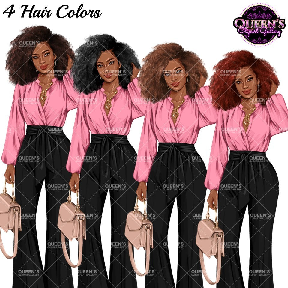 Black woman Afro clipart featuring brown, black, auburn and red natural hairstyles, pink blouse, black wide leg pants and handbag.