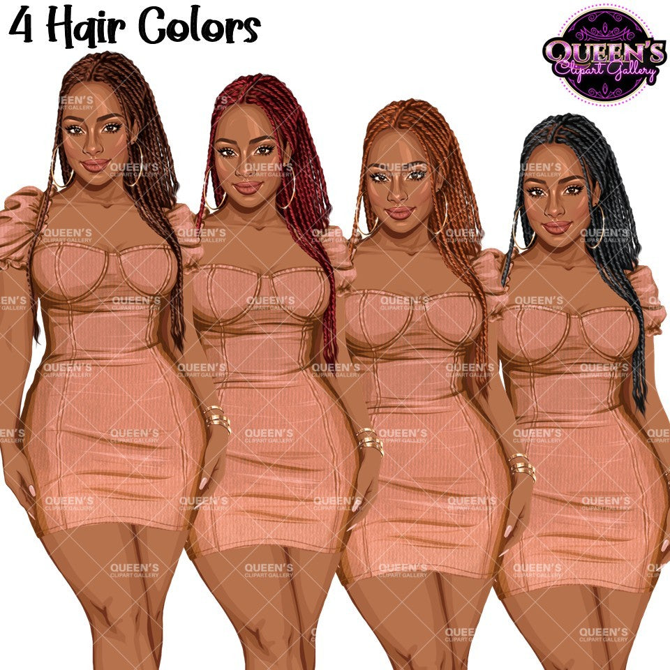 African American woman in dress clipart PNG featuring 4 hair color variations, a fitted mini dress, and transparent backgrounds.