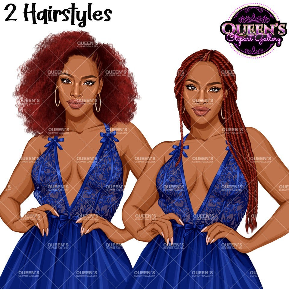 Lingerie African American woman clipart featuring 2 hairstyle variations with lace lingerie and transparent PNG backgrounds.