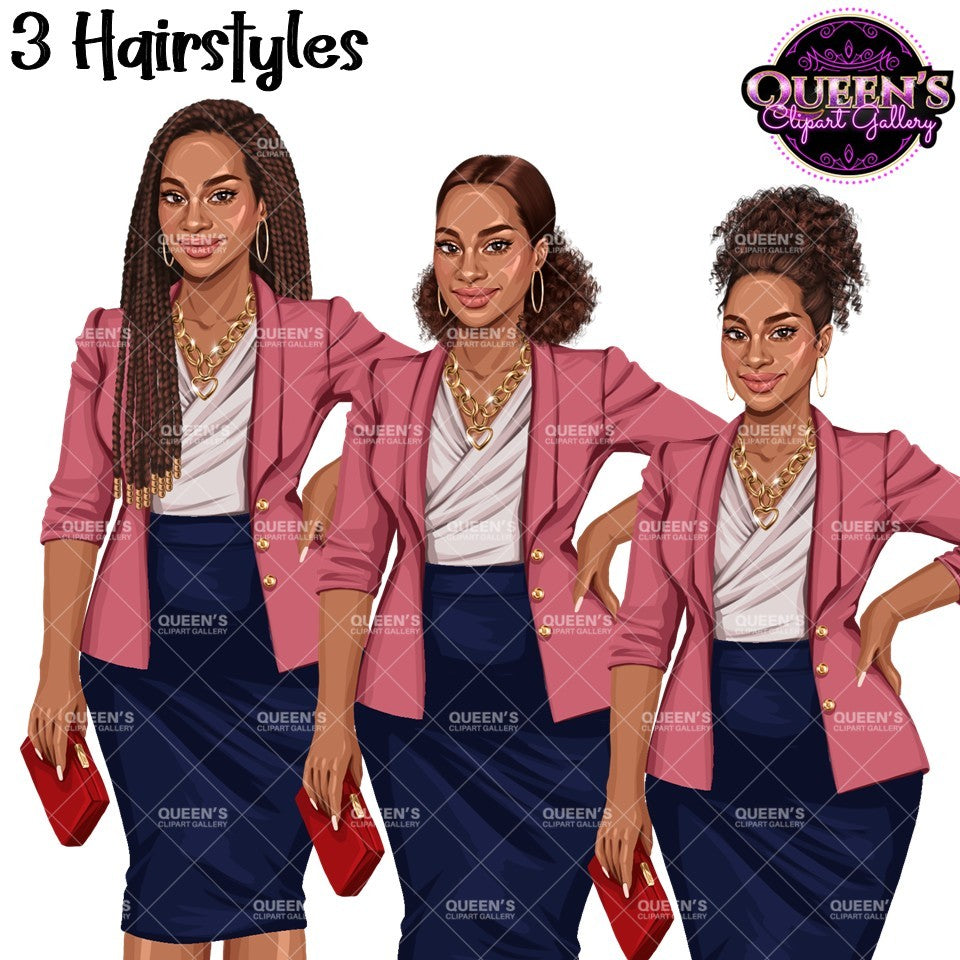 African American professional woman clipart with three natural hairstyles and pink blazer, PNG with transparent backgrounds.