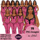 African American pajama girl clipart PNG featuring a stylish black woman in heart print pink sleepwear with multiple hairstyles, hair colors, pajama color variations, and transparent background. Black Woman clipart PNG, modern female illustration for planners, websites, educational resources, and commercial use.