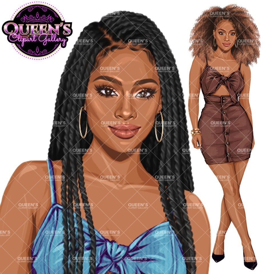 Black woman summer clipart featuring a close-up woman with long black braids in a blue crop top and a full-body woman with natural Afro hair wearing a brown summer outfit.