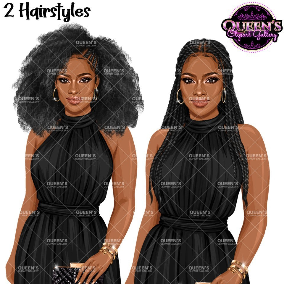 Black woman clipart featuring elegant African American women with natural Afro hair and long braids wearing black formal high-neck jumpsuits with transparent backgrounds.