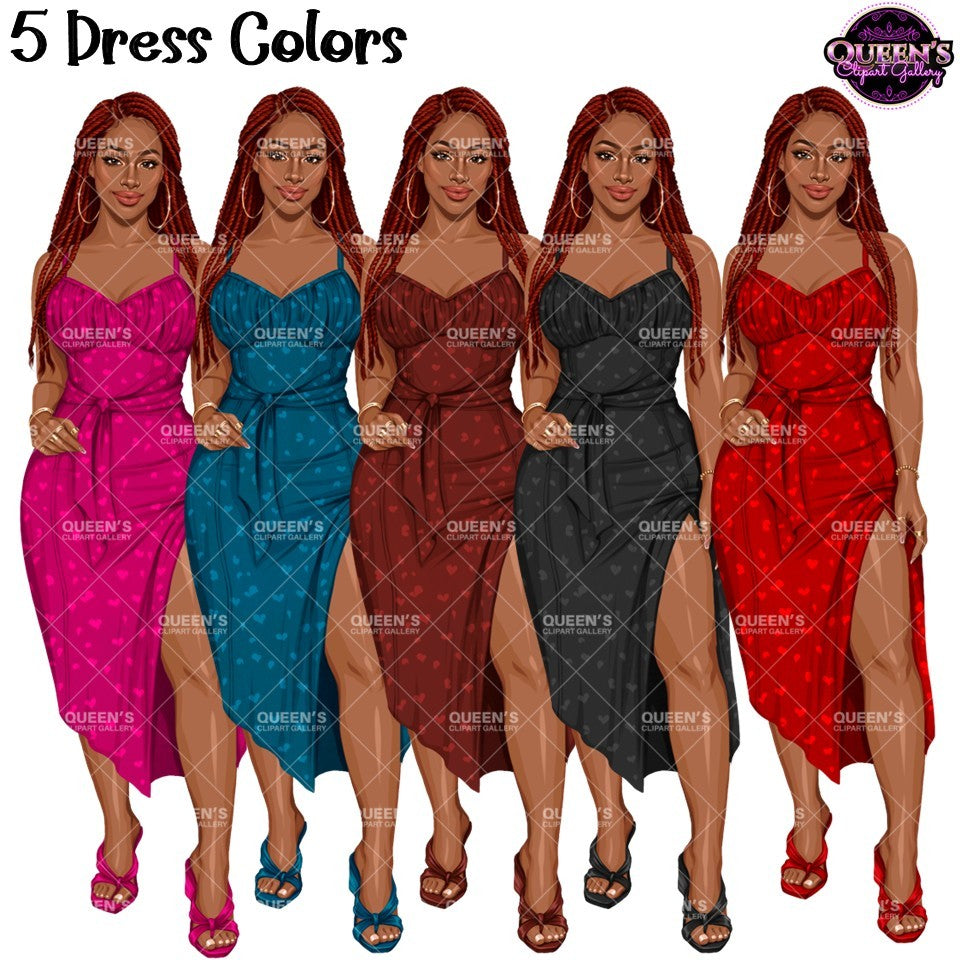 Black woman fashion clipart with long red braids wearing heart print midi dresses in pink, blue, brown, black and red, PNG images with transparent backgrounds