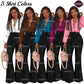 Black business woman clipart with long braids, white, brown, blue, magenta and pink blouses, black wide leg pants and handbag.