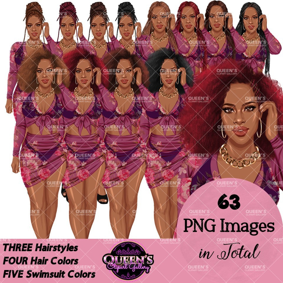 Floral swimsuit clipart PNG featuring a stylish African American woman in a floral bathing suit with sheer cover-up, multiple hairstyles, hair colors, outfit color variations, and transparent background. Fashion African American woman clipart PNG, stylish female illustration for planners, websites, branding, and commercial use.