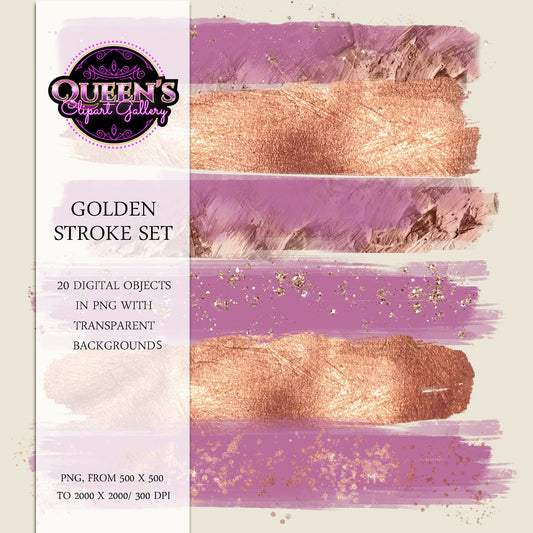 Golden Brush Stroke Clipart | Rose Gold Brush Strokes PNG | Pink Glitter Brush Elements | Metallic Texture Clipart