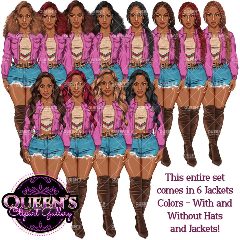 Country Girl Clipart Bundle PNG | Cowgirl Woman Clipart Bundle | Western Fashion Women PNG | Afro and White Cowgirl Clipart