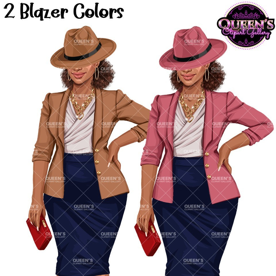 Black woman clipart wearing fedora hat, pink and brown blazers and pencil skirt, PNG images with transparent backgrounds.