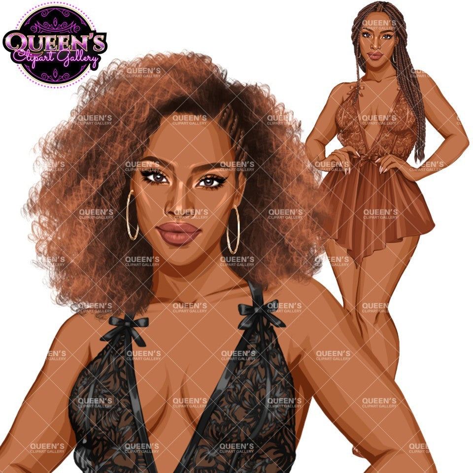 Lingerie clipart PNG featuring an African American woman in lace lingerie with multiple hairstyles, hair colors, lingerie color variations, and transparent backgrounds. Perfect for planners, websites, digital designs, social media, and commercial projects.