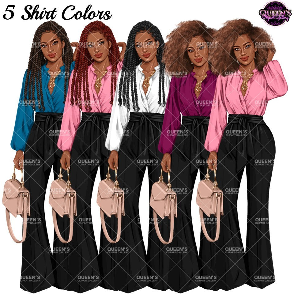 Black boss lady clipart featuring Afro and braided hairstyles, colorful business blouses, black wide leg pants and handbags.