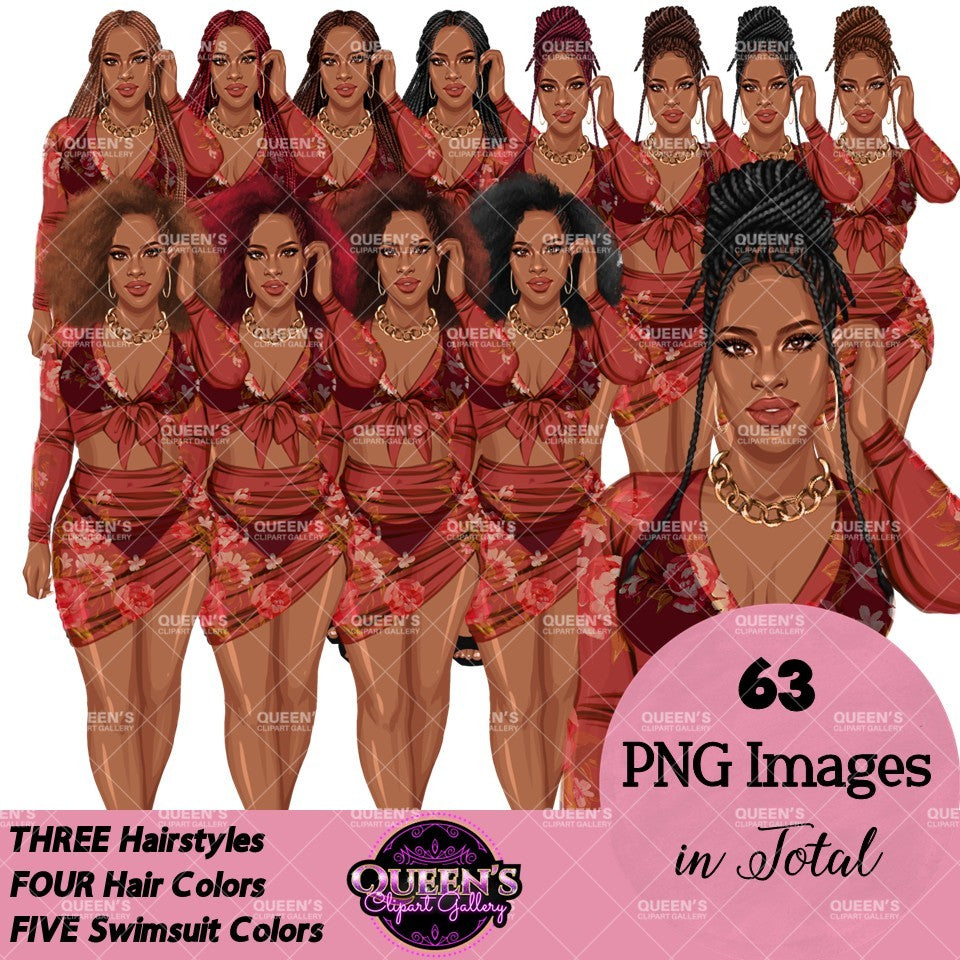 Floral swimsuit clipart PNG featuring a stylish African American woman in a floral bathing suit with sheer cover-up, multiple hairstyles, hair colors, outfit color variations, and transparent background. Fashion African American woman clipart PNG, stylish female illustration for planners, websites, branding, and commercial use.