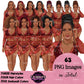 Floral swimsuit clipart PNG featuring a stylish African American woman in a floral bathing suit with sheer cover-up, multiple hairstyles, hair colors, outfit color variations, and transparent background. Fashion African American woman clipart PNG, stylish female illustration for planners, websites, branding, and commercial use.