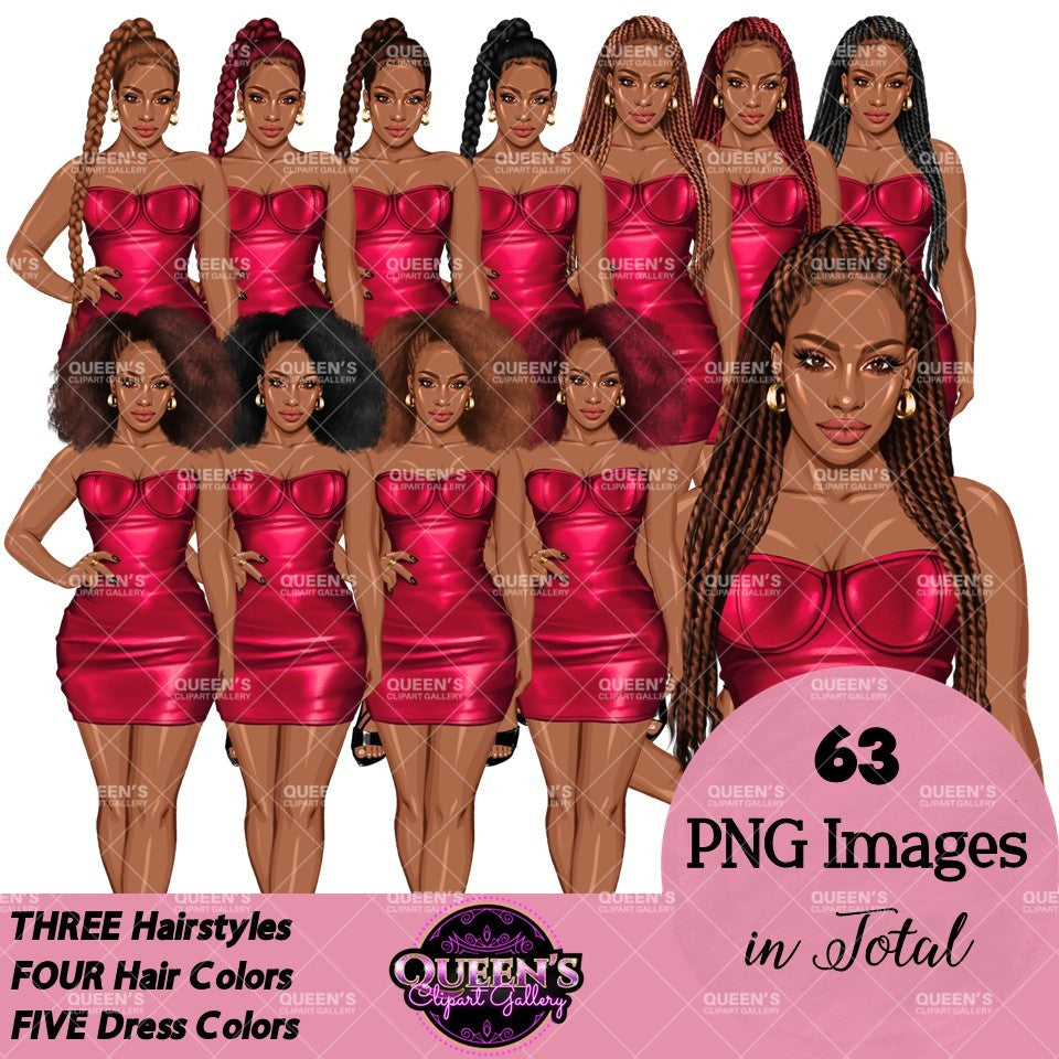 Leather Dress Woman Clipart Bundle | Black Woman and White Woman Clipart | Fashion Woman PNG | Curvy Woman Clipart | Fashion Girls