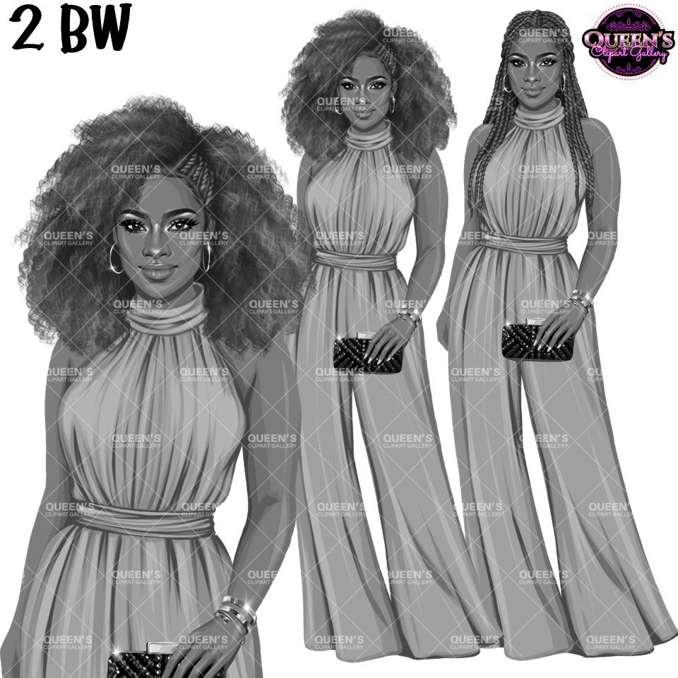 Black woman clipart PNG featuring elegant African American women with natural Afro hair and braided hairstyles in high-neck jumpsuits. Black and white illustrations with transparent backgrounds.