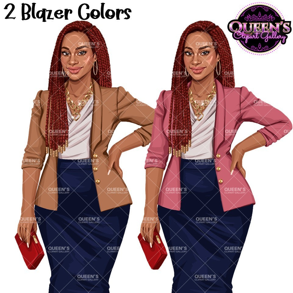 Black business woman clipart with long braids, pink and brown blazers, PNG images with transparent backgrounds.
