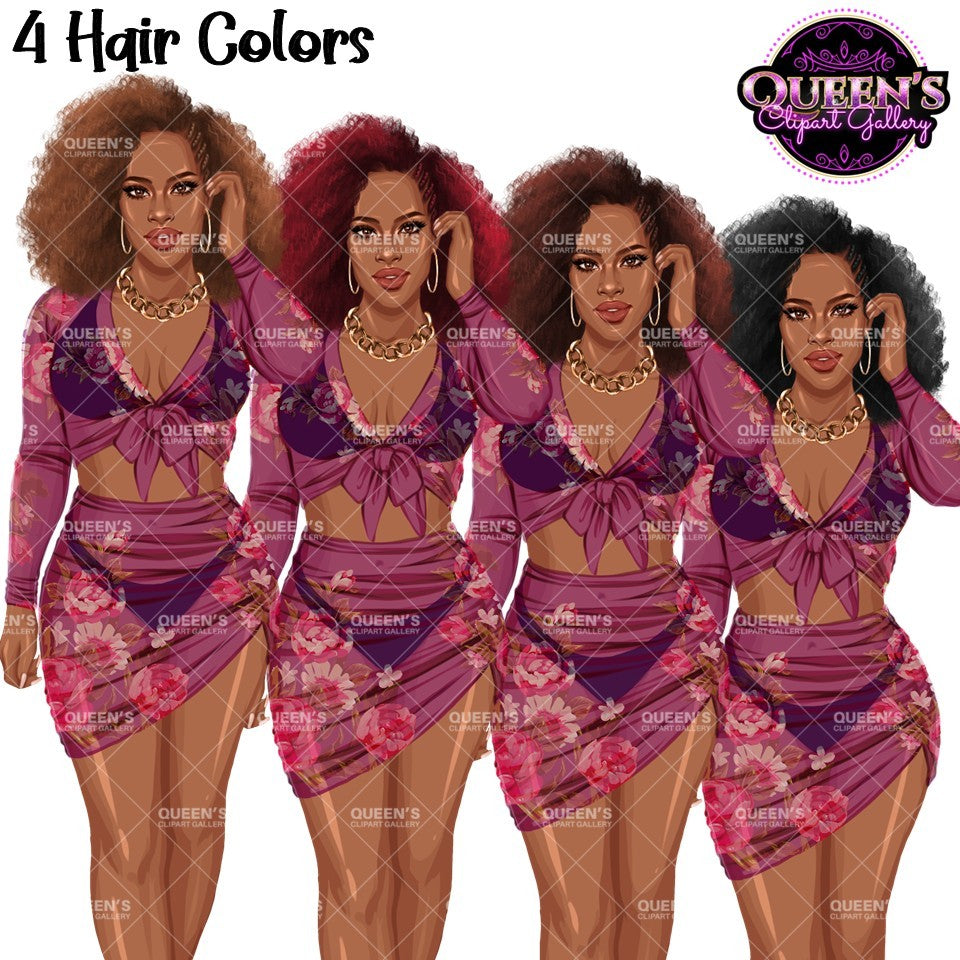 Floral swimsuit clipart PNG featuring a stylish  African American woman in a floral bathing suit with sheer cover-up and multiple hair colors and transparent background. Fashion woman clipart PNG, stylish female illustration for planners, websites, branding, and commercial use.