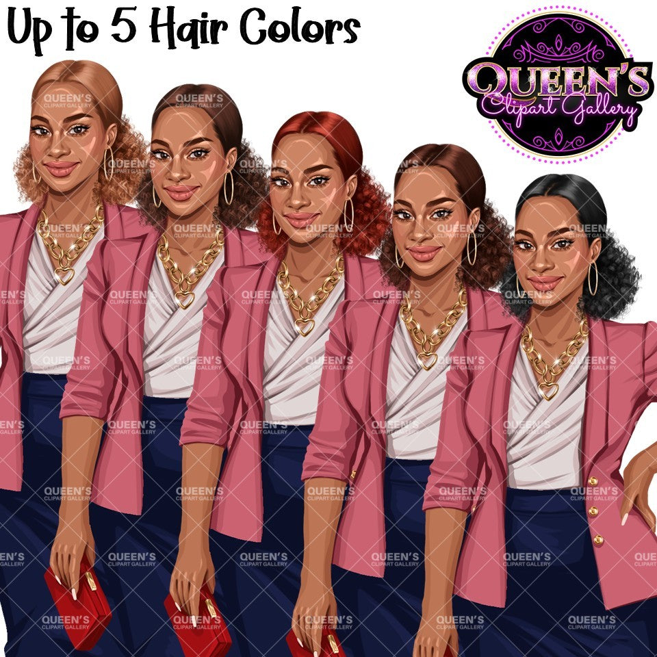African American woman clipart with curly ponytail in multiple hair colors and pink blazer, PNG with transparent backgrounds.