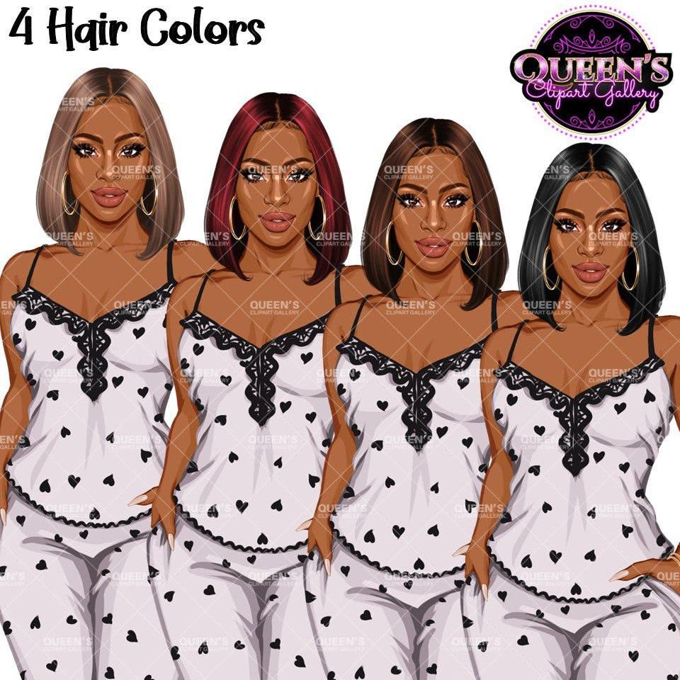 African American black pajama girl clipart PNG featuring a stylish woman in heart print white sleepwear with bob hairstyle in four hair colors and transparent background. Woman clipart PNG, modern female illustration for planners, websites, educational resources, and commercial use. 