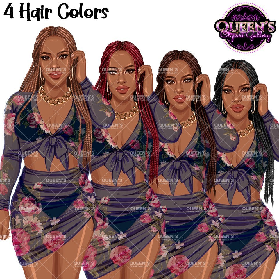 Floral swimsuit clipart PNG featuring a stylish  African American woman in a floral bathing suit with sheer cover-up and multiple hair colors and transparent background. Fashion woman clipart PNG, stylish female illustration for planners, websites, branding, and commercial use.