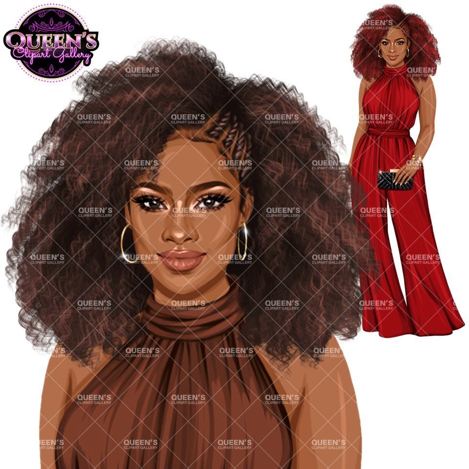 Afro woman clipart PNG featuring a stylish Black woman with natural curly hair, elegant formal high-neck jumpsuit, clutch purse, close-up and full-body illustrations with transparent backgrounds.