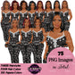 African American pajama girl clipart PNG featuring a stylish black woman in heart print black sleepwear with multiple hairstyles, hair colors, pajama color variations, and transparent background. Black Woman clipart PNG, modern female illustration for planners, websites, educational resources, and commercial use.