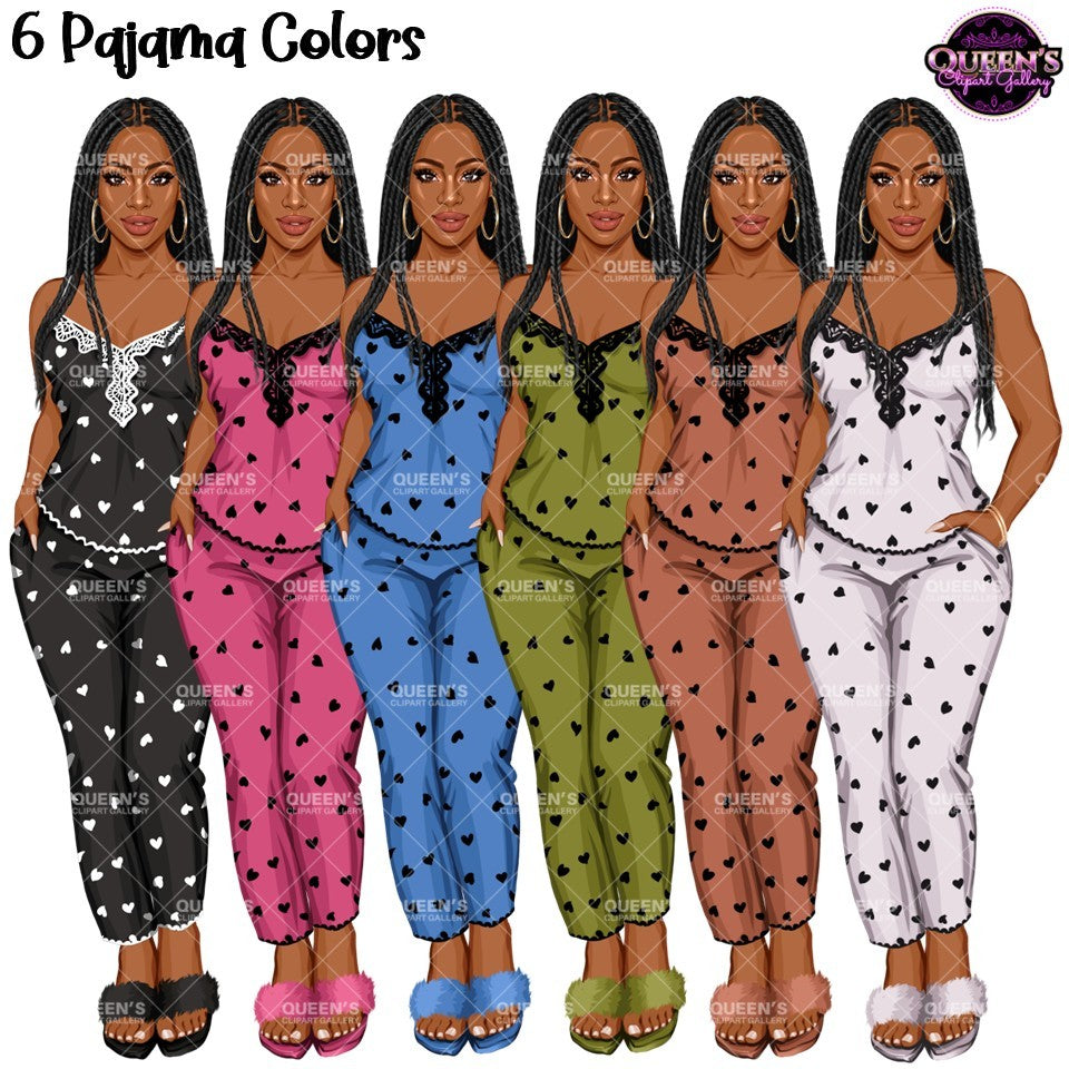 Six African American women modeling matching pajama sets in different colors: black, pink, blue, olive green, tan, and white. Each set has a camisole top with black lace trim and matching pants covered in small black hearts with transparent backgrounds.
