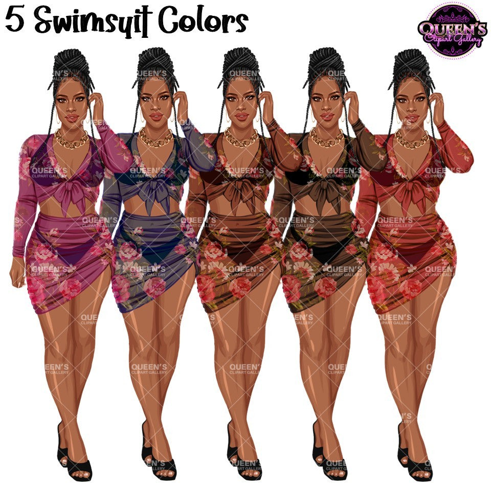 Floral swimsuit clipart PNG featuring a stylish  African American woman in a floral bathing suit with sheer cover-up and multiple swimsuit colors and transparent background. Fashion woman clipart PNG, stylish female illustration for planners, websites, branding, and commercial use.
