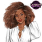 Black woman Afro clipart featuring voluminous natural curly hair, white blouse, gold jewelry and professional business fashion.