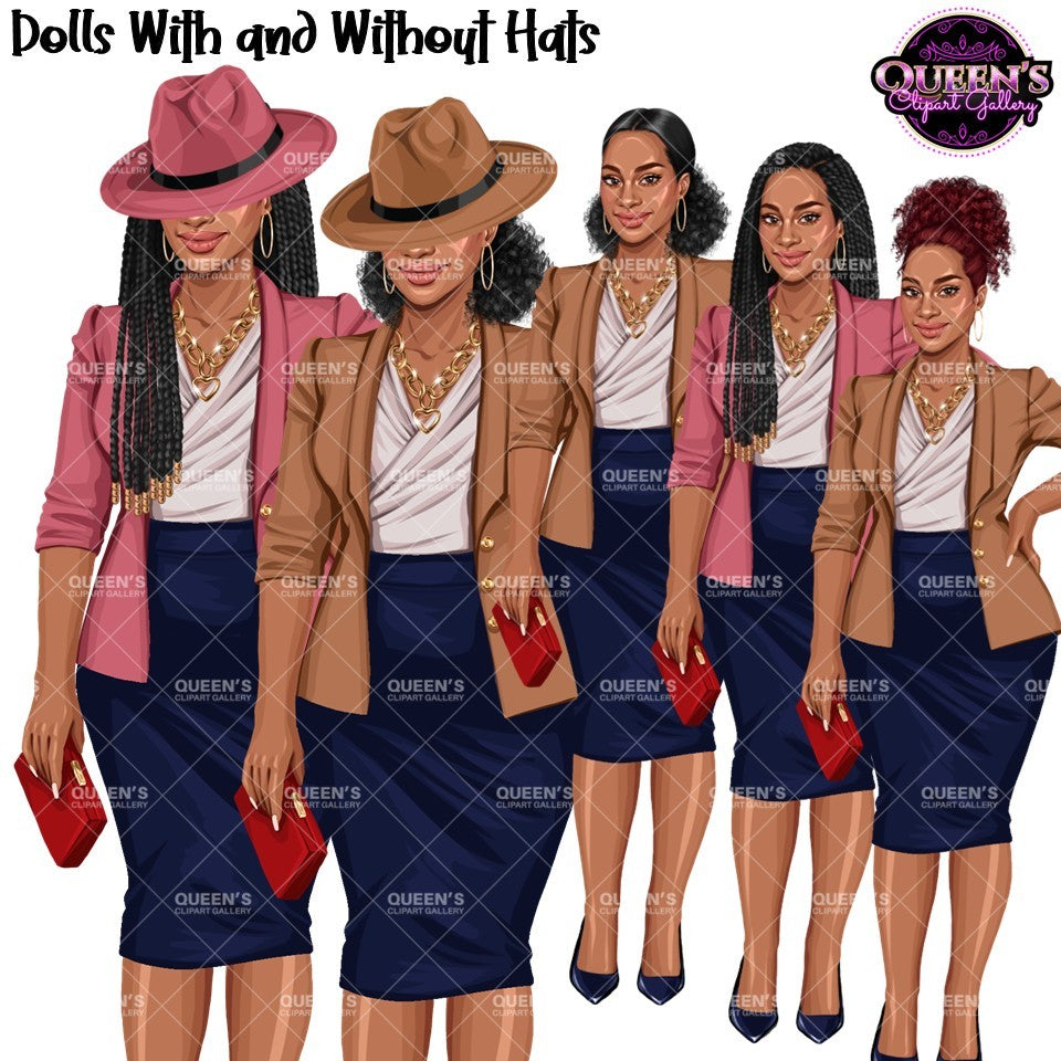 Black business woman clipart with and without fedora hats, braids and natural hairstyles, PNG with transparent backgrounds.