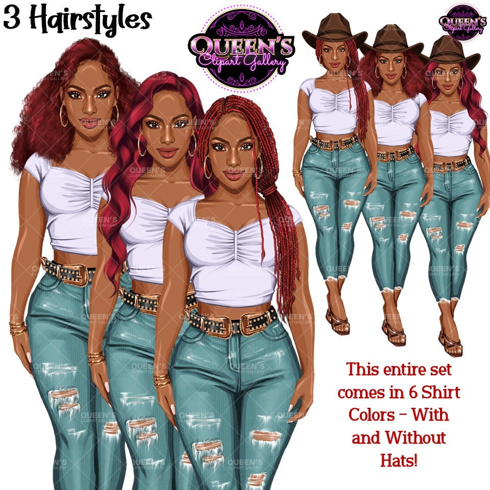 Fashion Woman Clipart Bundle PNG | Cowgirl Woman Clipart | Western Fashion Girls | Denim Fashion Illustration