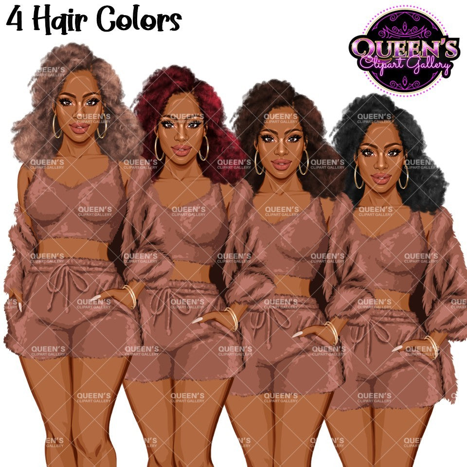 Pajama Girl Clipart Bundle PNG | Cozy Sleepwear Women Clipart | Afro and White Loungewear Women | Pajama Fashion Bundle