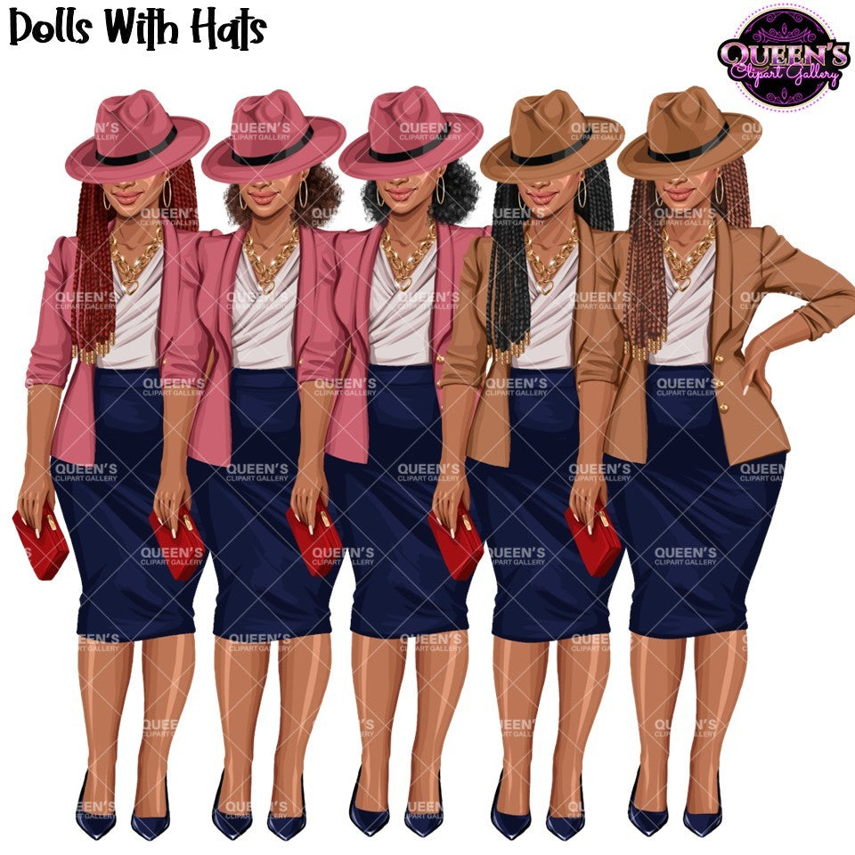 African American woman clipart wearing fedora hats with pink and brown blazers, PNG images with transparent backgrounds.