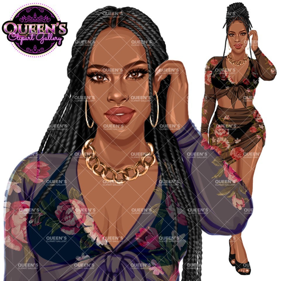 Women Swimwear Clipart Bundle | Curvy Summer Fashion Clipart | White Woman And Afro Woman PNG | Floral Fashion Illustration