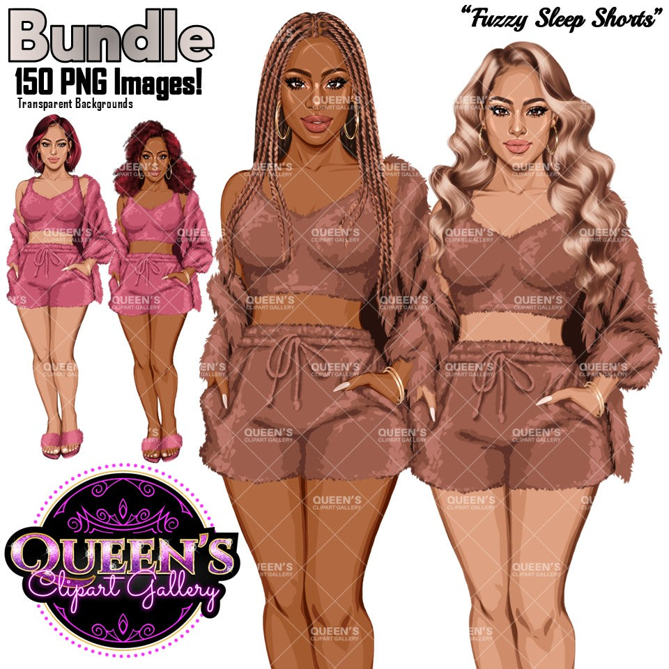 A digital clipart bundle preview featuring four illustrated African American and Non-African American women modeling matching brown faux-fur crop top and shorts sets in pink and brown tones, with transparent backgrounds