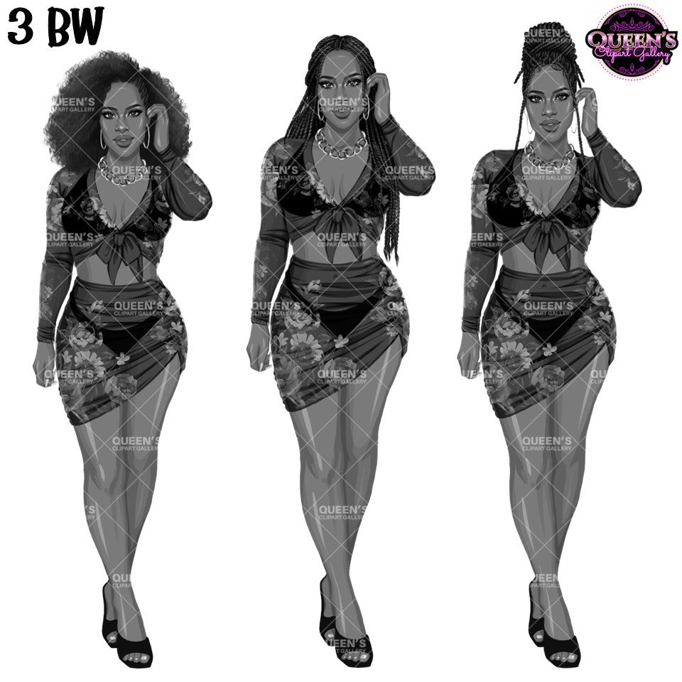 Women Swimwear Clipart Bundle | Curvy Summer Fashion Clipart | White Woman And Afro Woman PNG | Floral Fashion Illustration