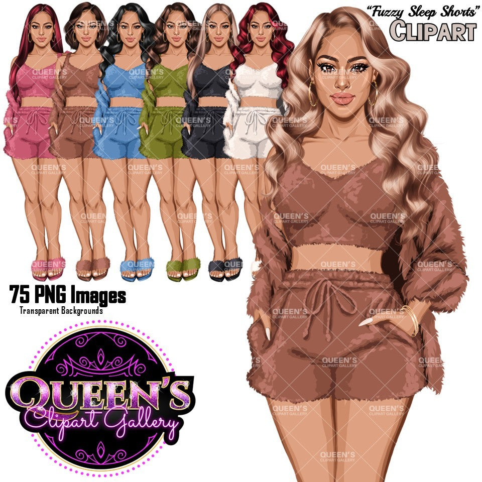 Fuzzy pajama girl clipart collection featuring fashionable women in cozy crop tops, fuzzy shorts, cardigans and slippers in multiple colors and hairstyles, PNG clipart with transparent backgrounds.